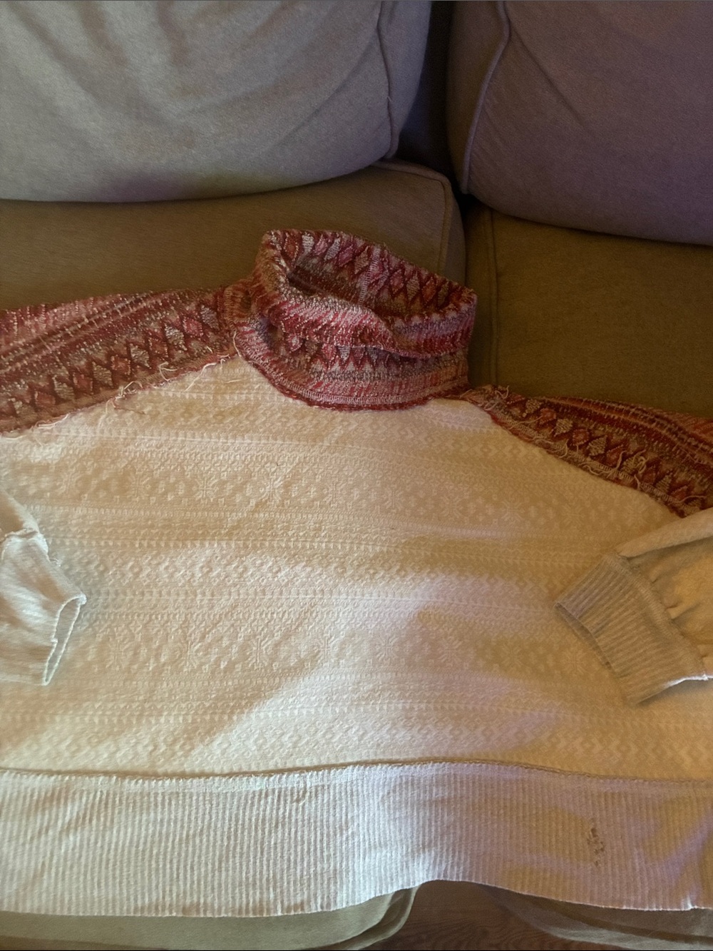 We The Free Cream Turtleneck Sweater with Pink Patterned Yoke